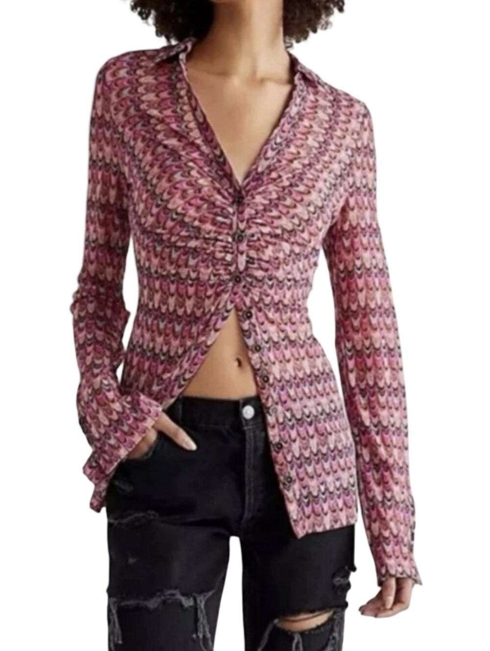 FREE PEOPLE Lucky Shirtee Mesh Ruched Button Down Boho Y2K Top Pink Purple Sz S